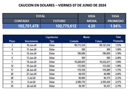 Cauciones bursátiles en dólares al 7 de junio 2024