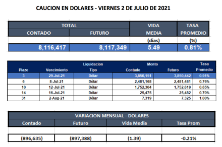 Cauciones bursátiles en dólares al 2 de julio 2021