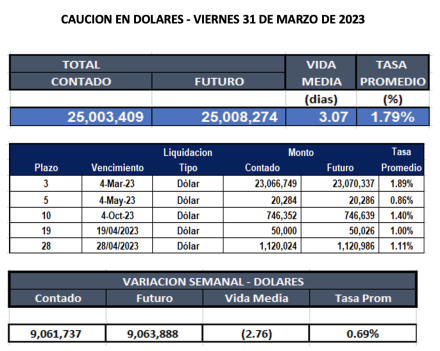 Cauciones bursátiles en dólares al 31 de marzo 2023