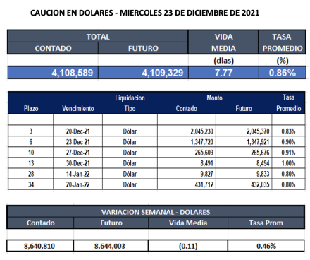 Cauciones bursátiles en dólares al 24 de diciembre 2021