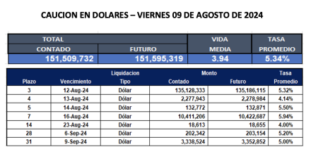 Cauciones bursátiles en dólares al 9 de agosto 2024