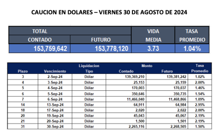 Cauciones bursátiles en dólares al 30 de agosto 2024