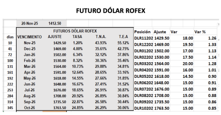 Evolución de las cotizaciones del dólar al 21 de noviembre 2025