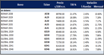 Bonos Argentinos en dólares al 25 de octubre 2024