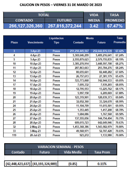 Cauciones bursátiles en pesos al 31 de marzo 2023