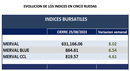 Indices bursátiles - Evolución semanal al 25 de agosto 2023