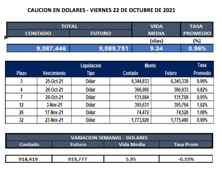 Cauciones bursátiles en dólares al 22 de octubre 2021