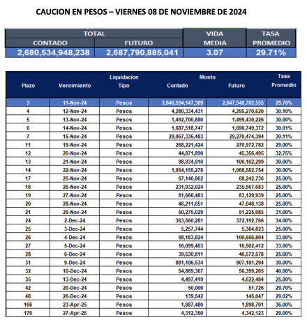 Cauciones bursátiles en pesos al 8 de noviembre 2024