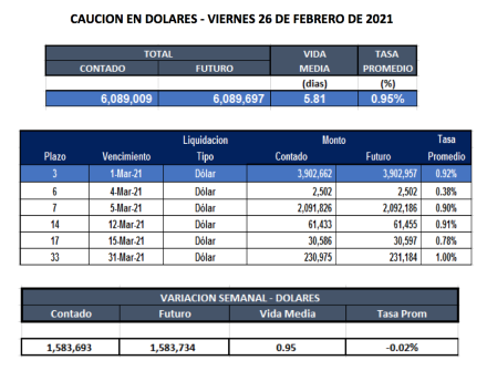 Cauciones bursátiles en dolares al 26 de febrero 2021