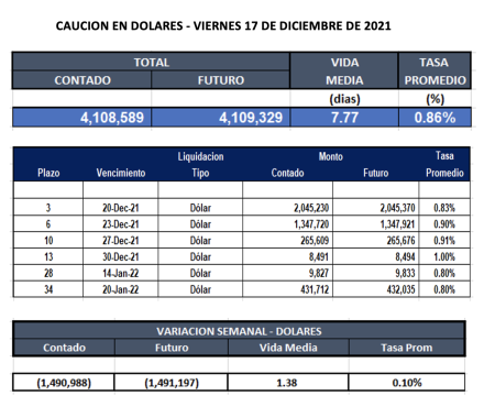 Cauciones bursátiles en dolares al 17 de diciembre 2021