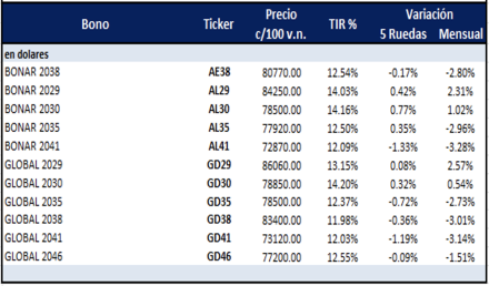 Bonos Argentinos en dólares al 28 de febrero 2025