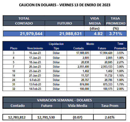 Cauciones bursátiles en dólares al 13 de enero 2023
