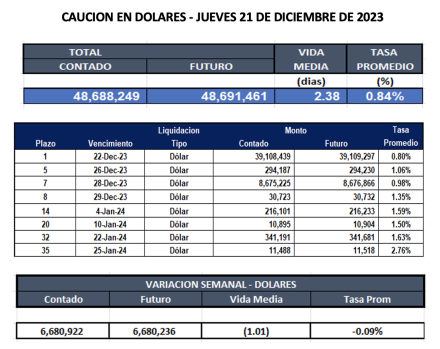 Cauciones bursátiles en dólares al 22 de diciembre 2023
